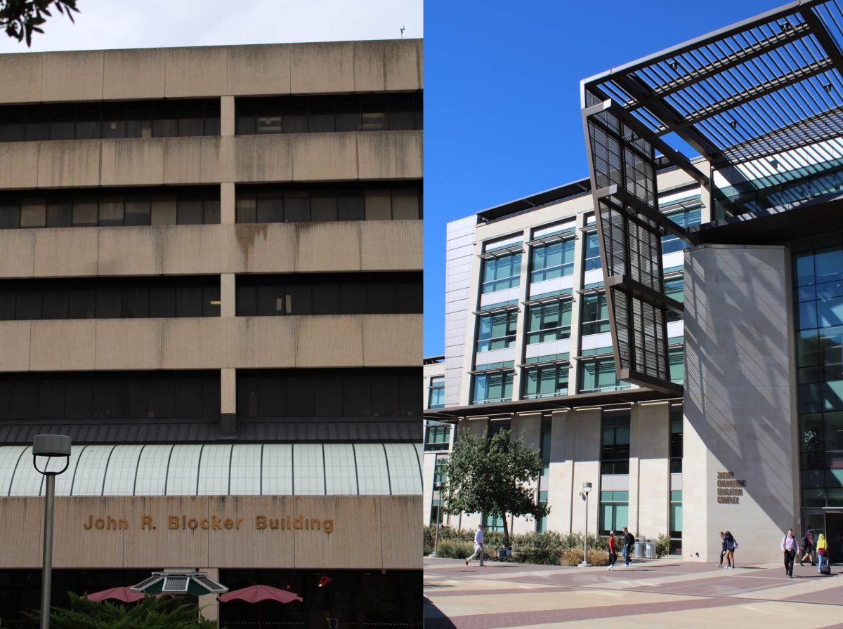 Left to right: The Blocker building on Monday, Nov. 19, 2024 and the Zachry building on Tuesday, Nov. 20, 2024. (Paola Luzuriaga/The Battalion)