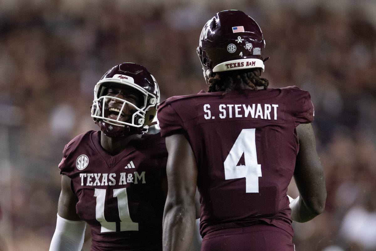 Texas A&amp;M defensive lineman Nic Scourton (11) and Texas A&amp;M defensive lineman Shemar Stewart (4) react after a defensive stop during Texas A&amp;M’s game against New Mexico State at Kyle Field on Saturday, Nov. 16, 2024. (Chris Swann/The Battalion)