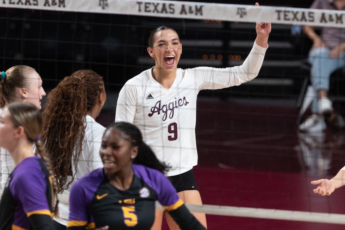 Texas A&M opposite Logan Lednicky (9) reacts after an Aggie point during Texas A&M’s game against LSU at Reed Arena on Sunday, Nov. 24, 2024. (Chris Swann/The Battalion)