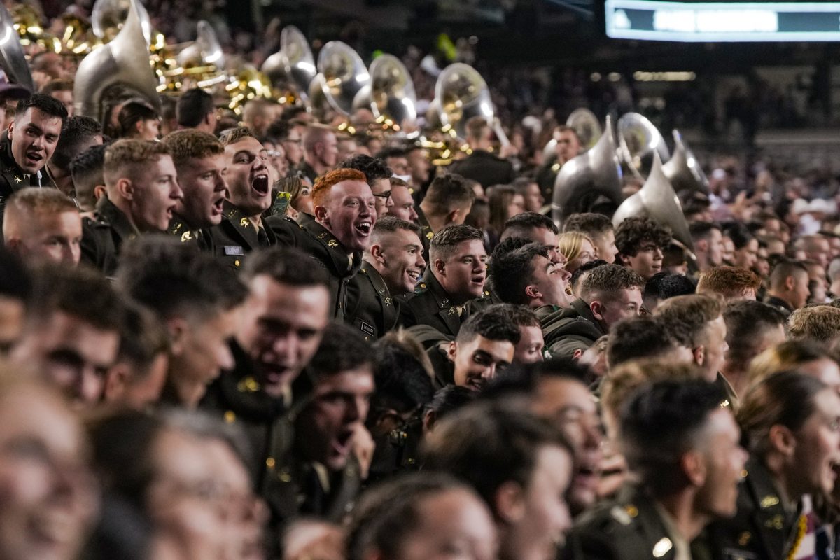 Members of the Corps of Cadets sing the War Hymn during Texas A&amp;M’s game against New Mexico State at Kyle Field on Saturday, Nov. 16, 2024. (Hannah Harrison/The Battalion)