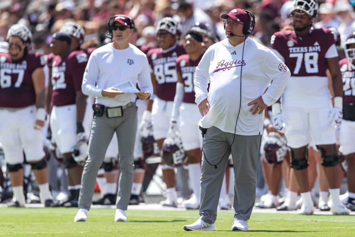 Texas A&amp;M Aggies head coach Mike Elko watches the replay during Texas A&amp;M’s game against McNeese State at Kyle Field on Saturday, Sept. 7, 2024. (Chris Swann/The Battalion)