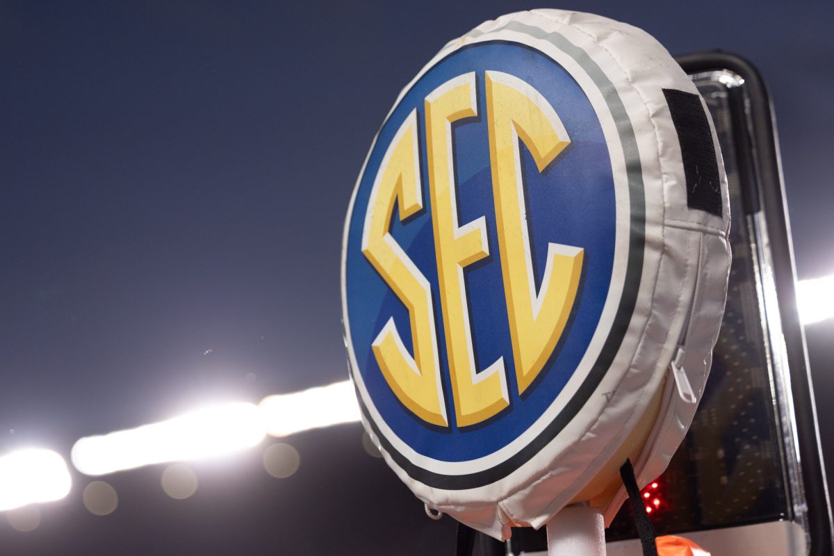 The SEC logo on the top of the first down marker during Texas A&M’s game against LSU at Kyle Field on Saturday, Oct. 26, 2024. (Chris Swann/The Battalion)