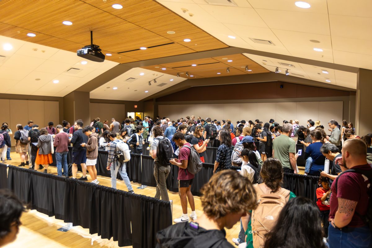 Students line up to vote in the Memorial Student Center on Tuesday, Nov. 5, 2024. (Abdurahman Azeez/The Battalion)