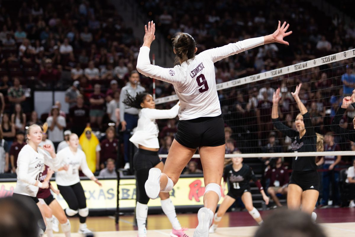 Texas A&amp;M opposite Logan Lednicky (9) goes up for a spike during Texas A&amp;M’s game against Mississippi State at Reed Arena on Sunday, Nov. 3, 2024. (Sarthak Dalal/The Battalion)