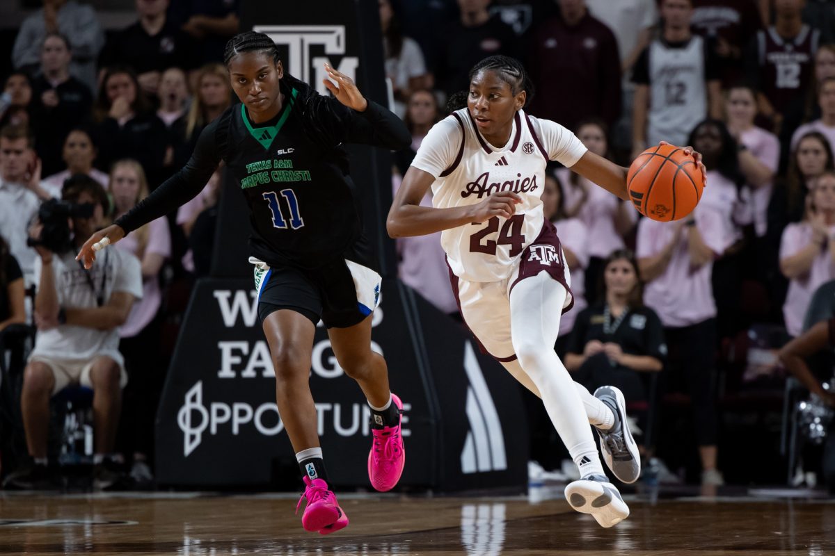 Texas A&amp;M guard Sahara Jones (24) dribbles the ball down court during Texas A&amp;M’s game against A&amp;M-Corpus Christi at Reed Arena on Monday, Nov. 4, 2024. (Chris Swann/The Battalion)