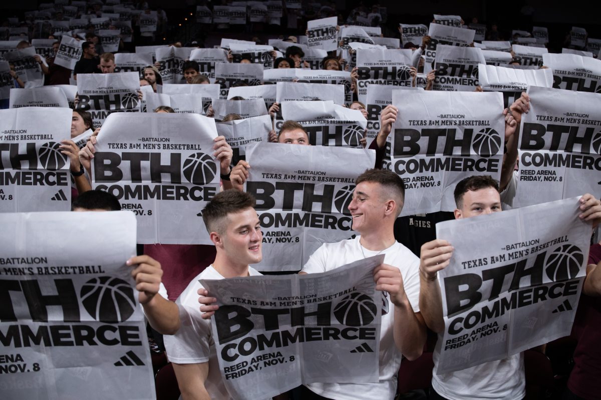 Fans hold up BTHO newspapers as the East Texas A&amp;M roster is called before Texas A&amp;M’s game against East Texas A&amp;M at Reed Arena on Friday, Nov. 8, 2024. (Chris Swann/The Battalion)