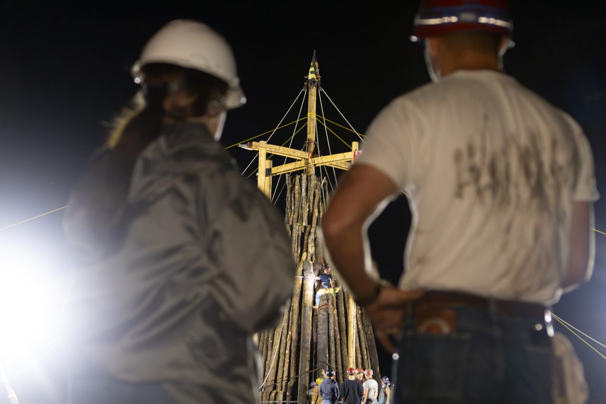 Aggies work on constructing the bonfire on Friday, Nov. 8, 2024. (Abdurahman Azeez/The Battalion)