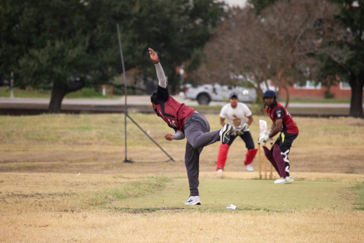 Shaunak Gosavi bowls the ball towards batter Pranav Vaidik Dhulipala at the Texas A&M Cricket Ground on Sunday, Nov. 3, 2024.