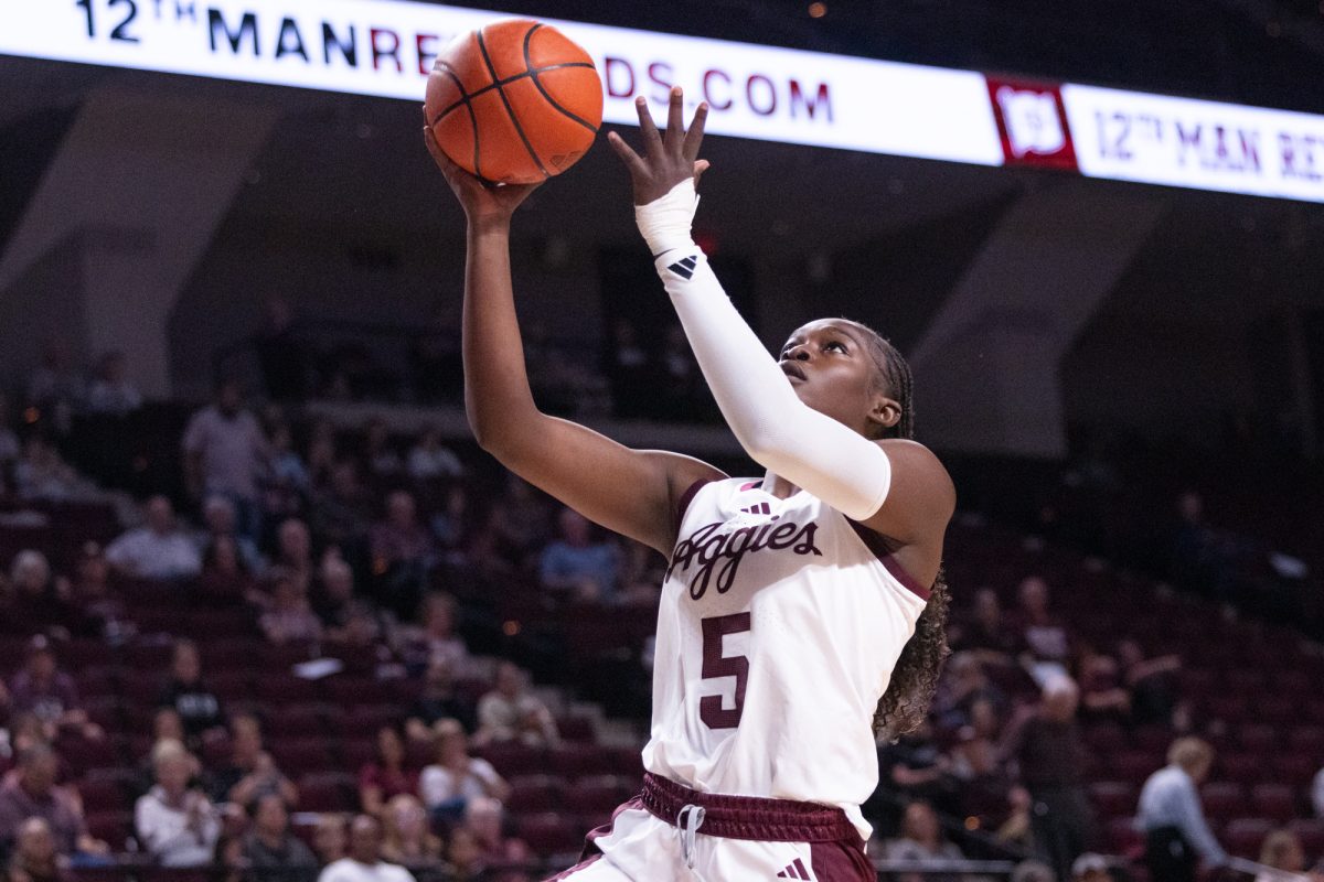 Texas A&amp;M guard Aicha Coulibaly (5) goes up for a layup during Texas A&amp;M's game against Western Michigan at Reed Arena on Sunday, Nov. 10, 2024. (Kelii Horvath/The Battalion)