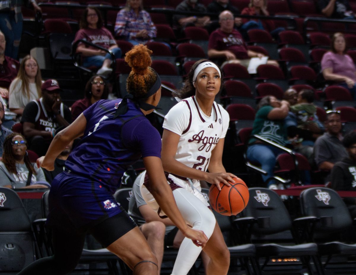 Texas A&amp;M guard Taliyah Parker (21) prepares to shoot the ball during Texas A&amp;M’s game against Northwestern State at Reed Arena on Sunday, November 17, 2024. (Rocio Salgado/The Battalion)