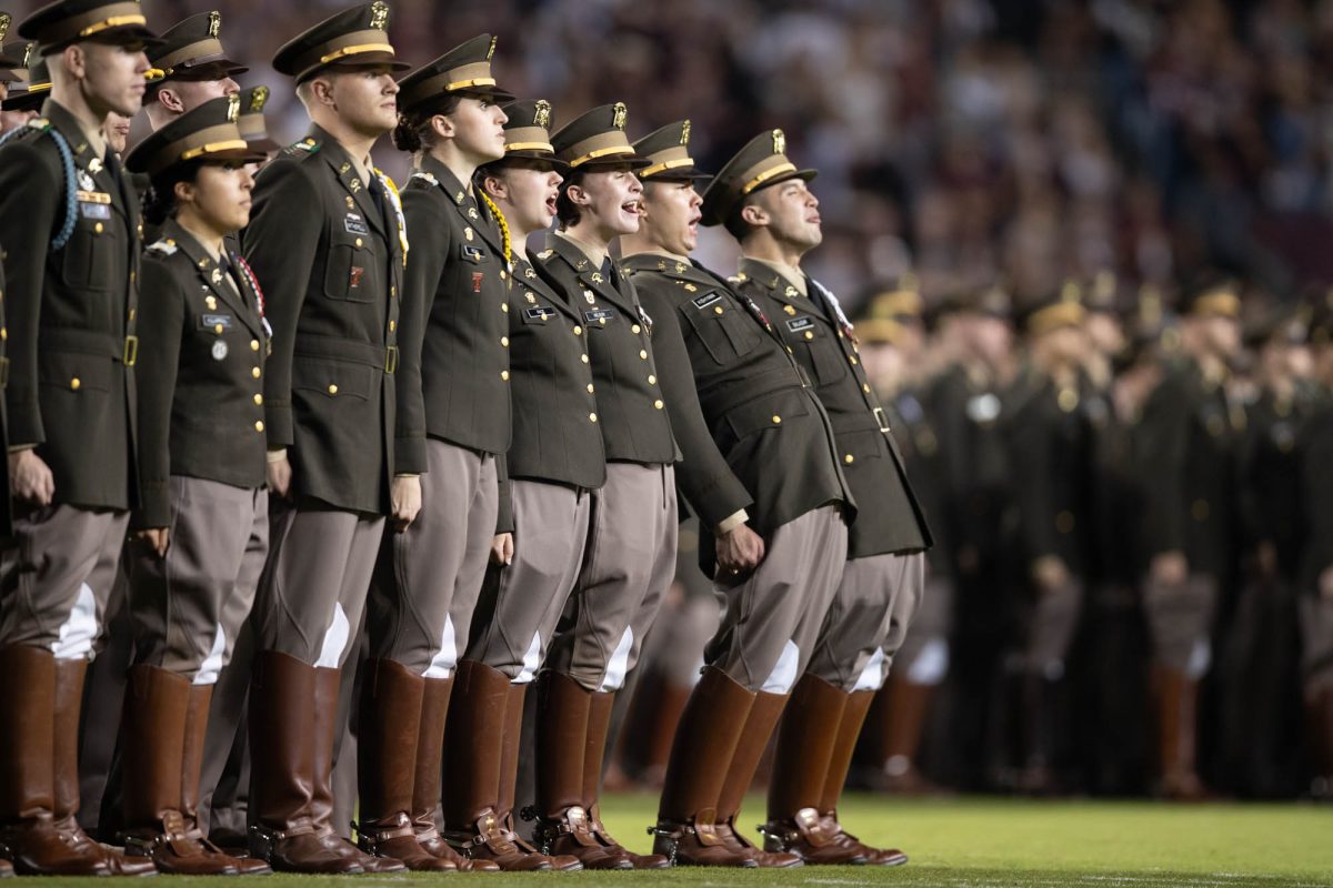 Cadets in the Corps of Cadets yell during Texas A&amp;M’s game against New Mexico State at Kyle Field on Saturday, Nov. 16, 2024. (Trinity Hindman/The Battalion)