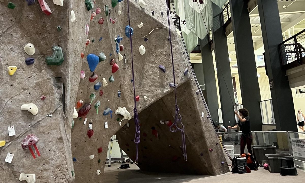 Texas A&M Rec Center rock wall used by adaptive climbers and staff for the final Adaptive Climbing Clinic of the semester on Nov. 23. 