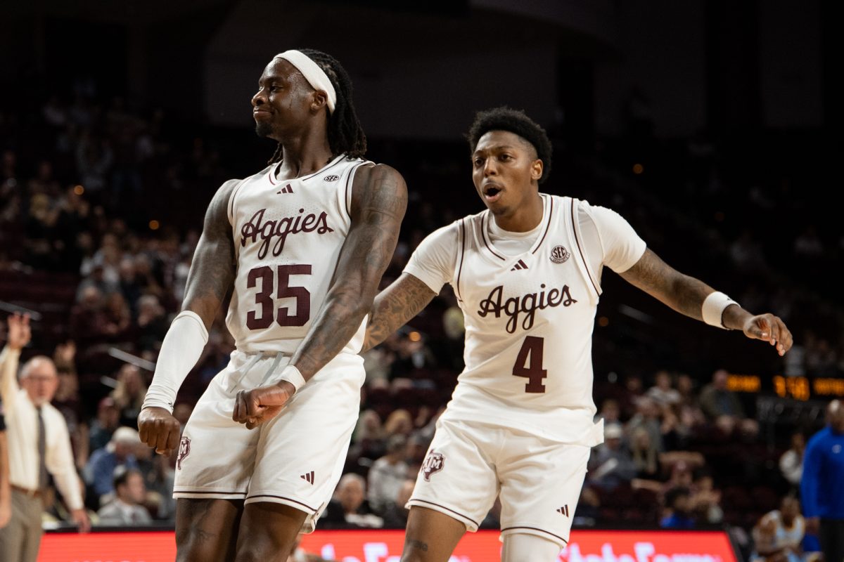 Texas A&amp;M guard Manny Obaseki (35) after dunking a basket during Texas A&amp;M's game against Southern University at Reed Arena on Wednesday, Nov 20, 2024. (Adriano Espinosa/The Battalion)