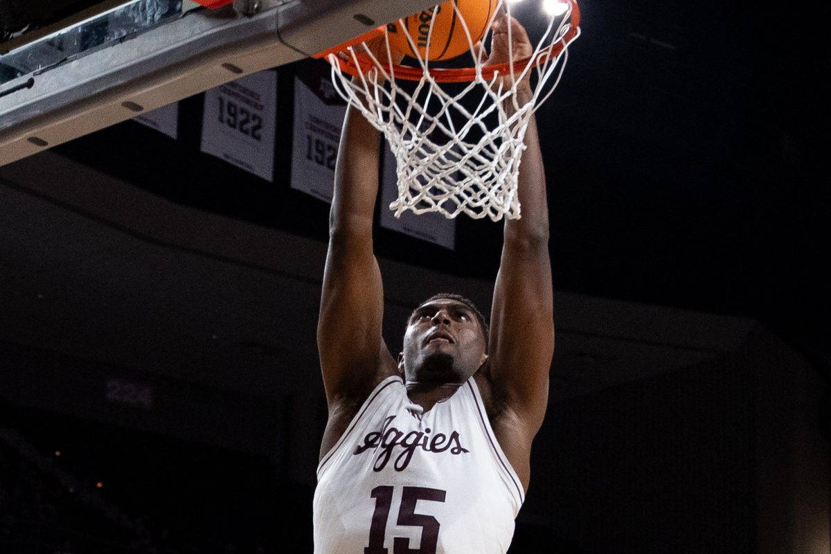 Texas A&amp;M forward Henry Coleman III (15) dunks the ball during Texas A&amp;M's game against East Texas A&amp;M at Reed Arena on Friday, Nov. 8, 2024. (Adriano Espinosa/The Battalion)