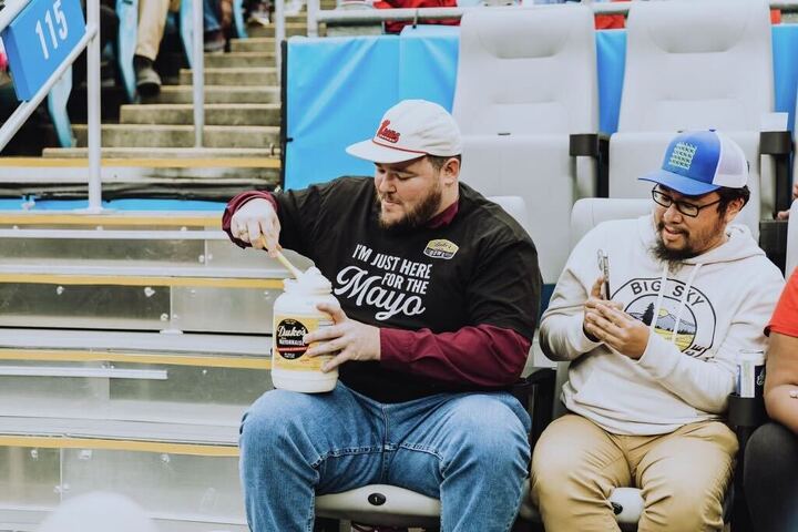 Jay Arnold consumes a jar of mayonnaise at the Duke's Mayo Bowl in Charlotte, North Carolina on Dec. 30, 2022. (Photo courtesy of Jay Arnold)