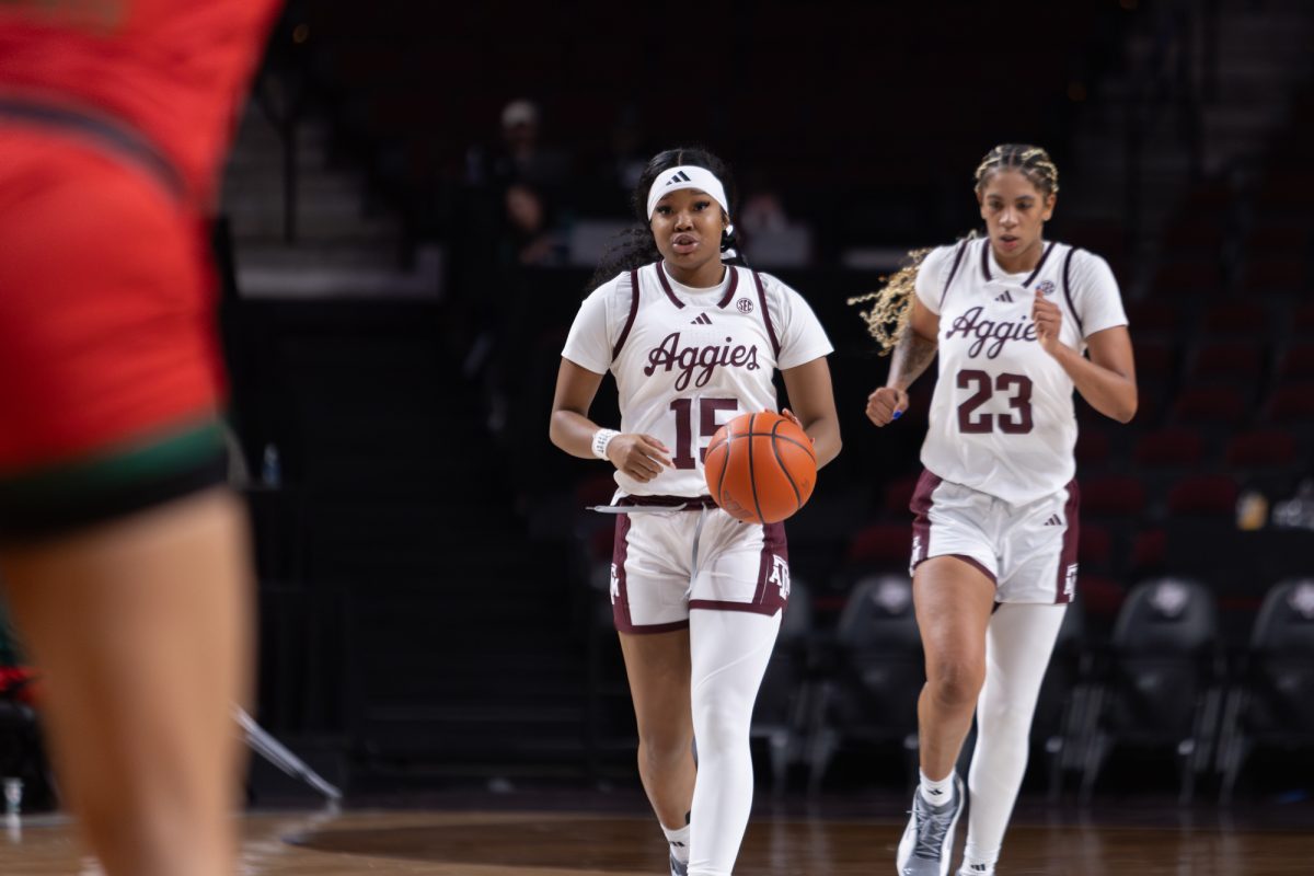 Texas A&amp;M guard Sole Williams (15) dribbles down the court during Texas A&amp;M’s game against Mississippi Valley State at Reed Arena on Thursday, Dec. 19, 2024. (Jackson Stanley/The Battalion)