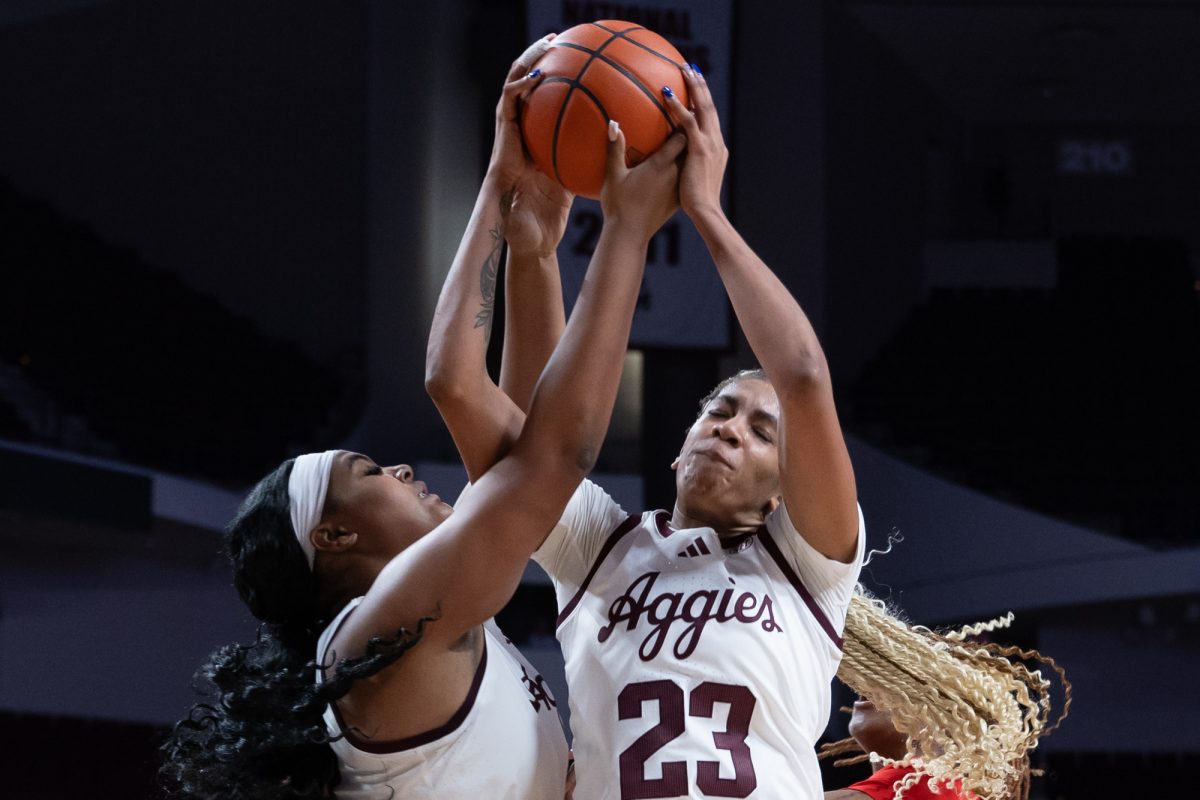 Texas A&amp;M forward Amirah Abdur-Rahim (23) and Texas A&amp;M forward Jada Malone (13) fight for the rebound during Texas A&amp;M’s game against Mississippi Valley State at Reed Arena on Thursday, Dec. 19, 2024. (Chris Swann/The Battalion)