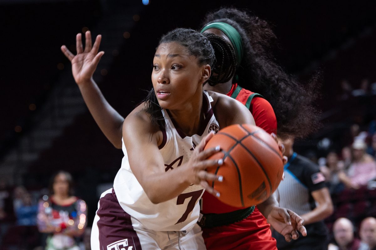 Texas A&amp;M guard Kyndall Hunter (7) looks to pass the ball during Texas A&amp;M’s game against Mississippi Valley State at Reed Arena on Thursday, Dec. 19, 2024. (Chris Swann/The Battalion)