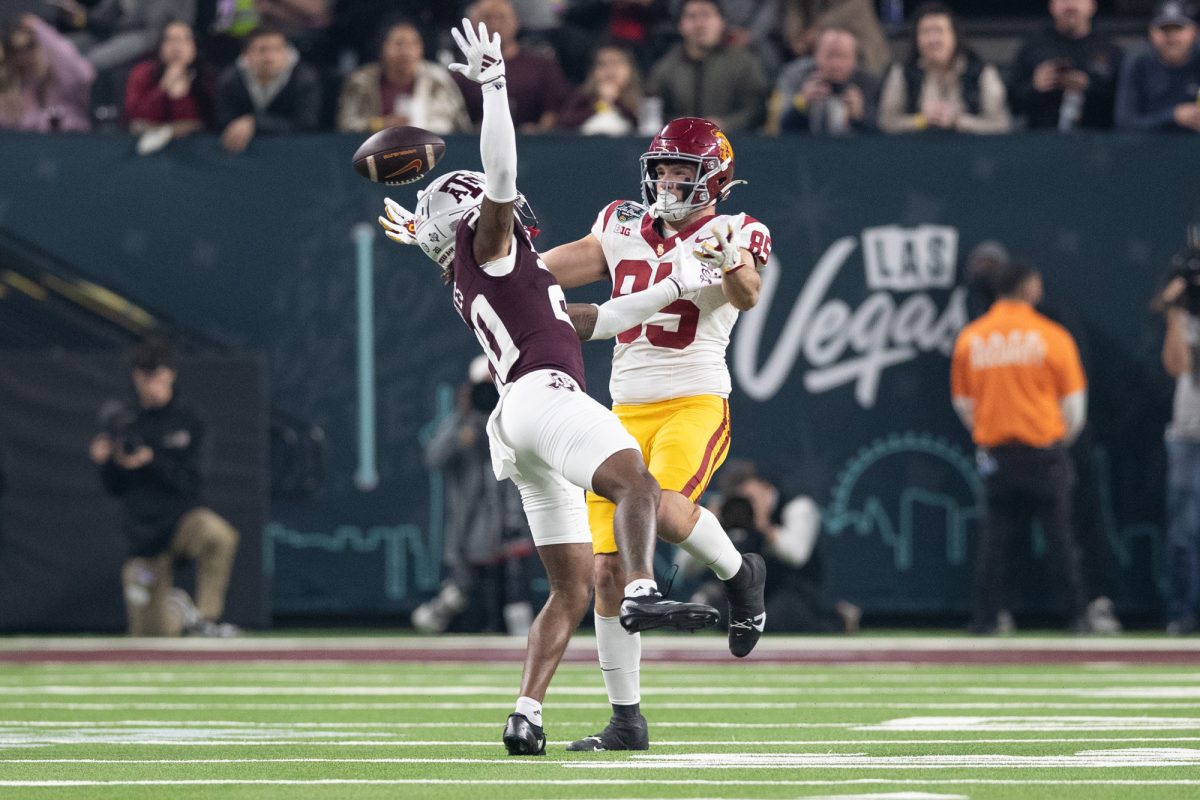 Texas A&amp;M defensive back BJ Mayes (20) breaks up a pass intended for USC tight end Walker Lyons (85) during Texas A&amp;M’s game against USC at the SRS Distributions Las Vegas Bowl at Allegiant Stadium in Las Vegas, Nevada on Friday, Dec. 27, 2024. (Chris Swann/The Battalion)