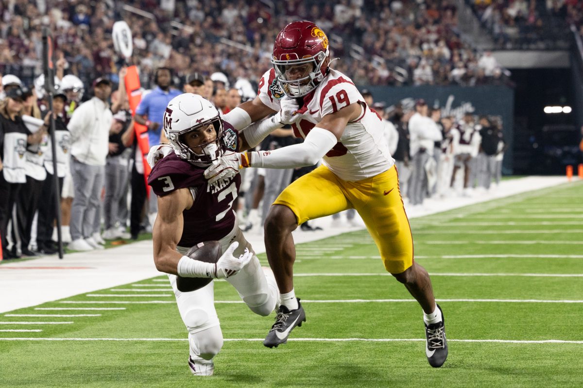 Texas A&amp;M wide receiver Noah Thomas (3) drops a pass in the end zone during Texas A&amp;M’s game against USC at the SRS Distributions Las Vegas Bowl at Allegiant Stadium in Las Vegas, Nevada on Friday, Dec. 27, 2024. (Chris Swann/The Battalion)