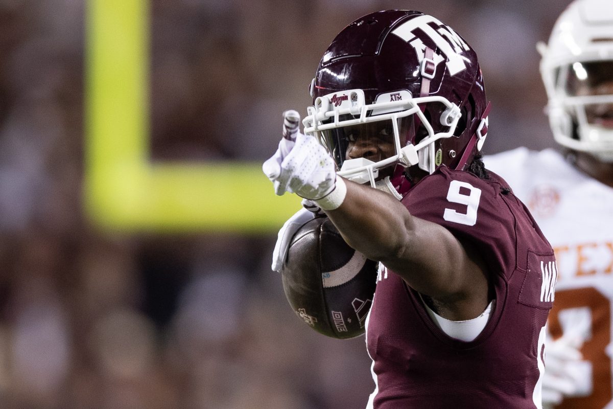 Texas A&M wide receiver Jahdae Walker (9) reacts after a 16-yard reception during Texas A&M’s game against Texas at Kyle Field on Saturday, Nov. 30, 2024. (Chris Swann/The Battalion)