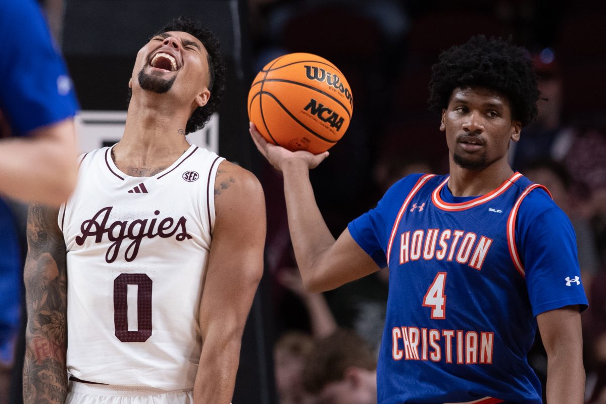 Texas A&amp;M guard Jace Carter (0) reacts after an Aggie goal during Texas A&amp;M’s game against Houston Christian at Reed Arena on Friday, Dec. 20, 2024. (Chris Swann/The Battalion)