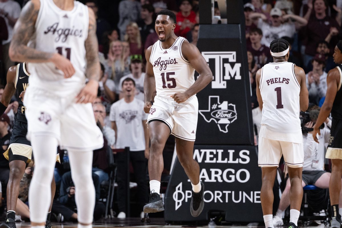 Texas A&amp;M forward Henry Coleman III (15) reacts after a slam-dunk before Texas A&amp;M’s game against Wake Forest at Reed Arena on Tuesday, Dec. 3, 2024. (Chris Swann/The Battalion)