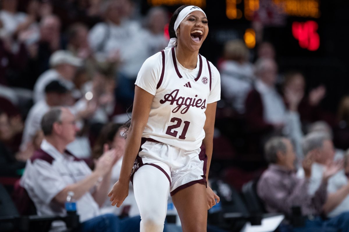 Texas A&amp;M guard Taliyah Parker (21) reacts after hitting a three-pointer during Texas A&amp;M’s game against Syracuse at Reed Arena on Wednesday, Dec. 4, 2024. (Chris Swann/The Battalion)