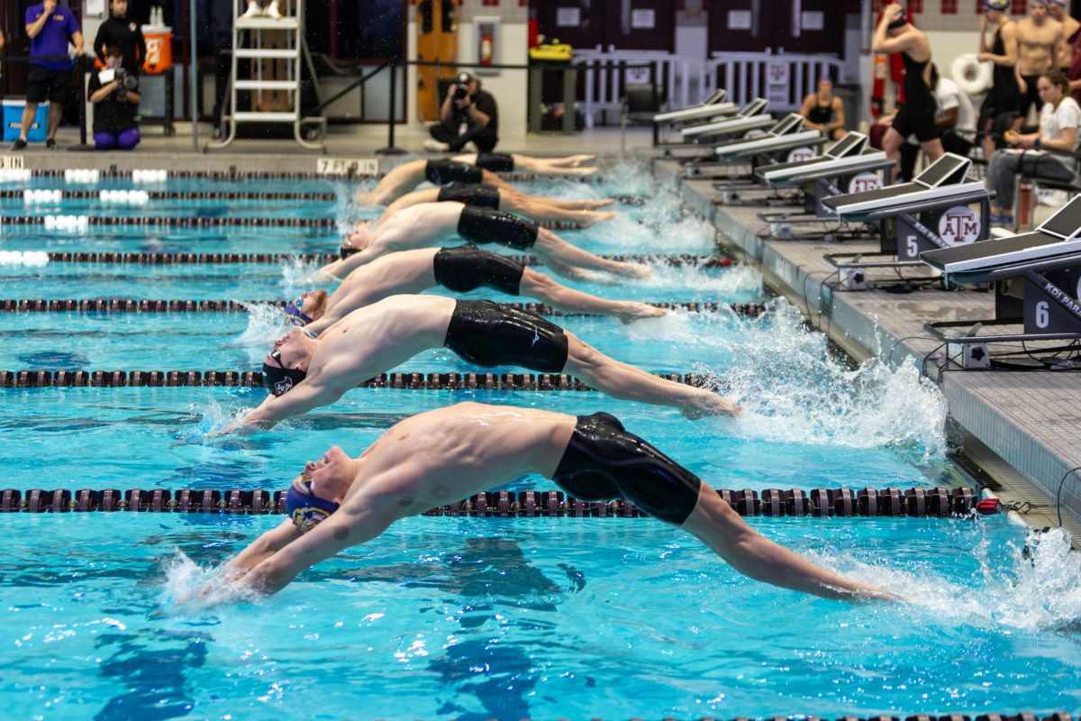 during Texas A&M’s swim meet against Louisiana State University at the Rec Center Natatorium on Saturday, Jan. 18, 2025. (Jackson Stanley/The Battalion)