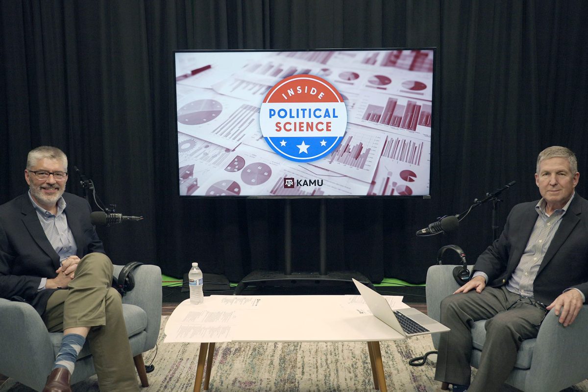 Political science professors Kirby Goidel and Charles Todd Kent host the "Inside Political Science" audio and visual podcast. (Photo courtesy of KAMU)