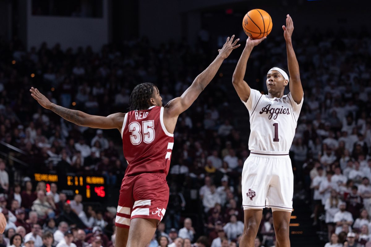 Texas A&amp;M guard Zhuric Phelps (1) takes a shot during Texas A&amp;M’s game against Alabama at Reed Arena on Saturday, Jan. 11, 2025. (Chris Swann/The Battalion)