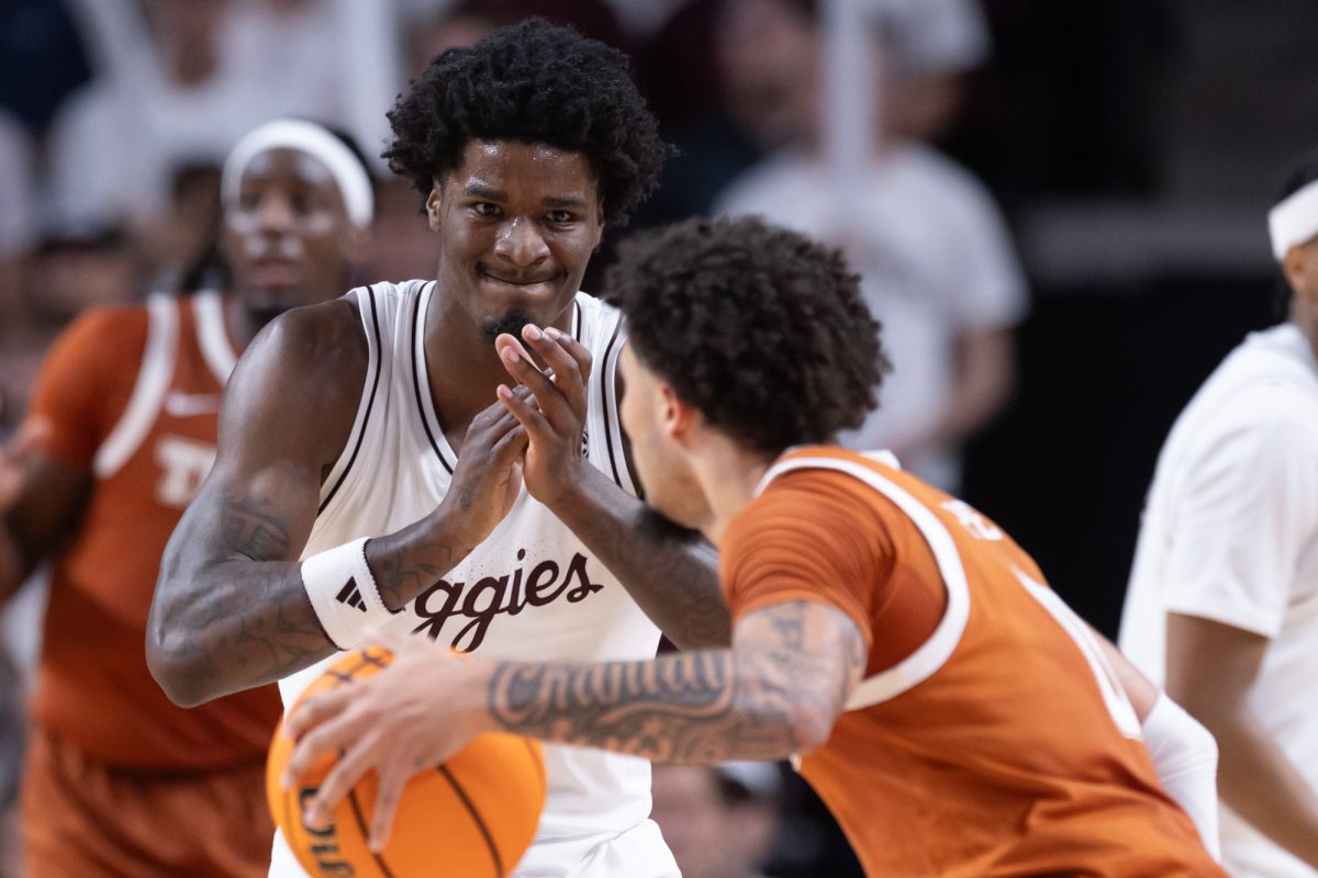 Texas A&amp;M forward Solomon Washington (9) reacts during Texas A&amp;M’s game against Texas at Reed Arena on Saturday, Jan. 4, 2025. (Chris Swann/The Battalion)