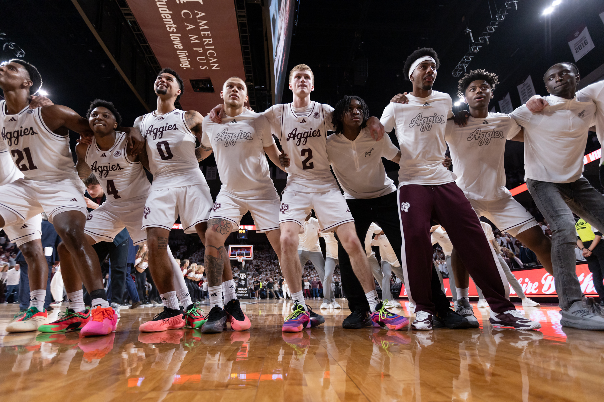 The Aggies sing The War Hymn after Texas A&amp;M’s win against Texas at Reed Arena on Saturday, Jan. 4, 2025. (Chris Swann/The Battalion)