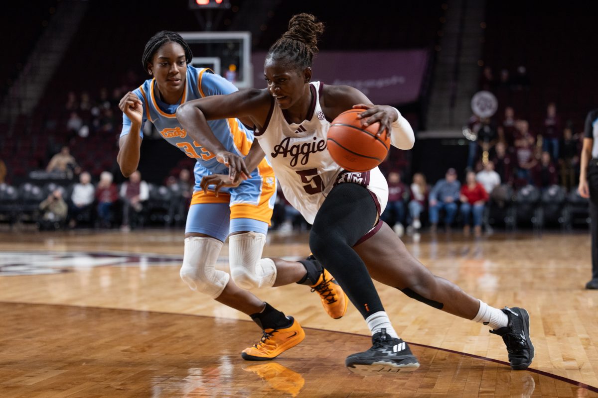 Texas A&amp;M guard Aicha Coulibaly (5) drives toward the basket during Texas A&amp;M’s game against Tennessee at Reed Arena on Thursday, Jan. 2, 2025. (Chris Swann/The Battalion)