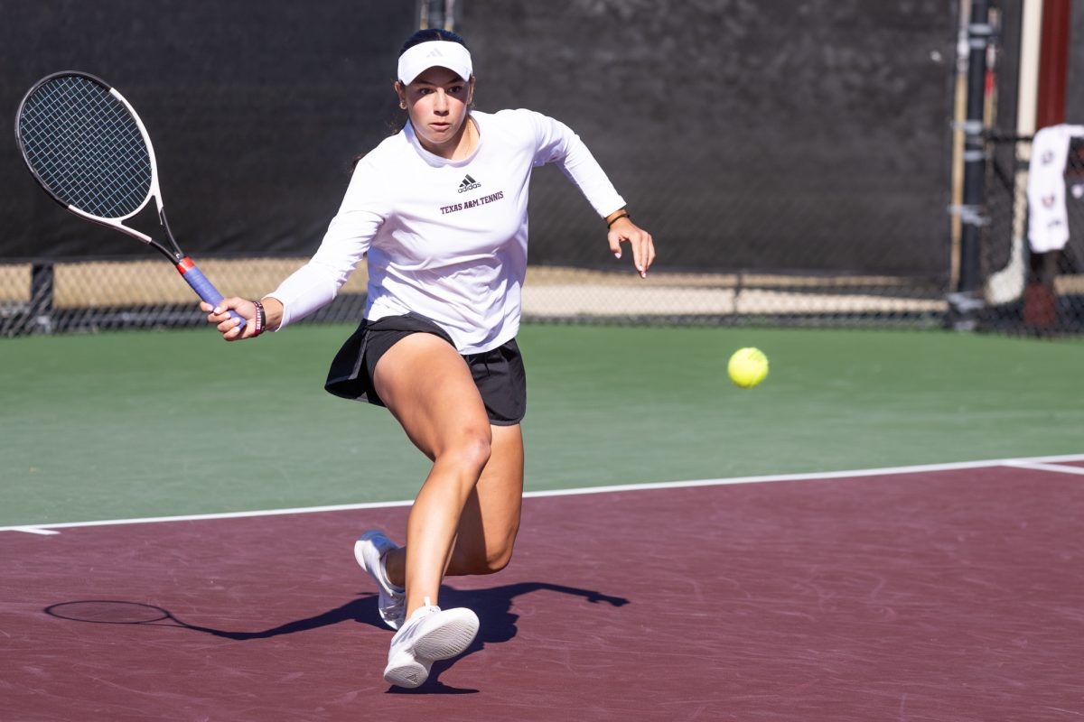 Junior Mia Kupres steps to a short ball during Texas A&M's match against Prairie View A&M at Mitchell Tennis Center on Saturday, Jan. 18, 2025. (Adriano Espinosa/The Battalion)