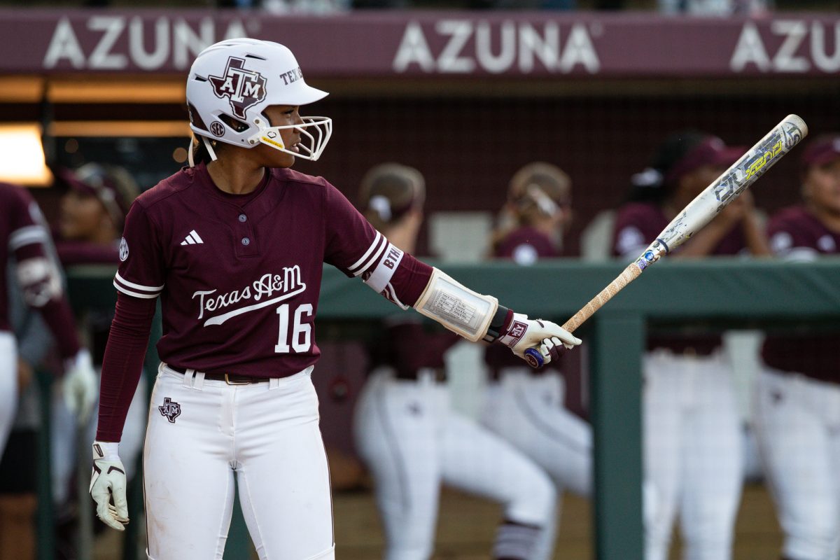 Texas A&M infielder KK Dement (16) steps up to bat during Texas A&M’s game against Utah State at David Diamond on Thursday, Feb. 6, 2025. (Hannah Harrison/The Battalion)