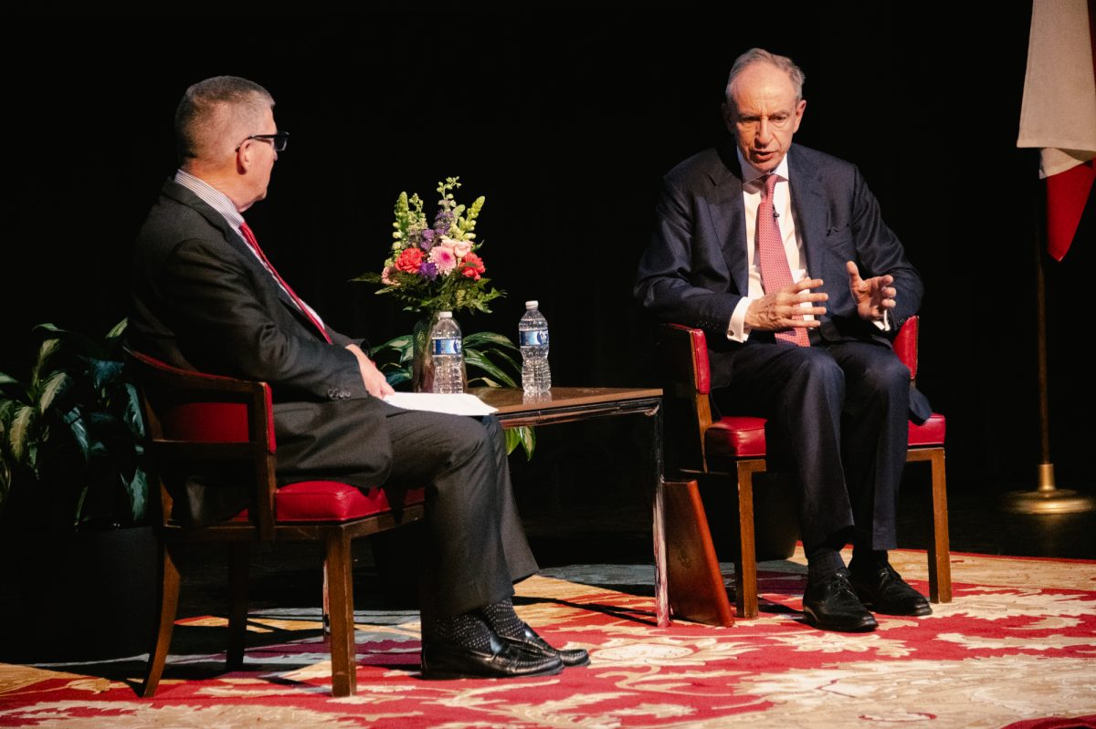 Wiadystaw Bartoszewski gestures to audience about his stance on diplomatic relations during a Q&A in Rudder Theater on Thursday, Jan. 30, 2025. 