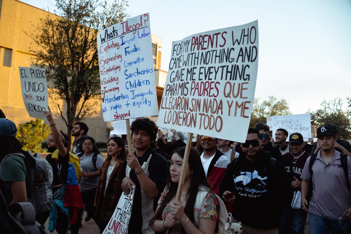 Protesters begin marching towards Academic Plaza during the "Protest for Immigrants" from Rudder Plaza on Wednesday, March 5, 2025. (Steve Carrasco IV/ The Battalion)