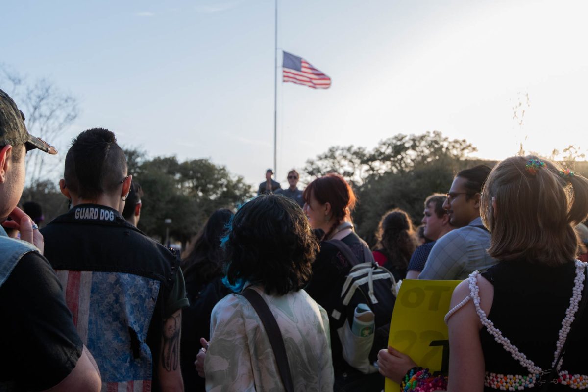 Protesters stand during the Day of Drag Protest at Academic Plaza on Thursday, March 6, 2025. (Ashely Bautista/The Battalion)