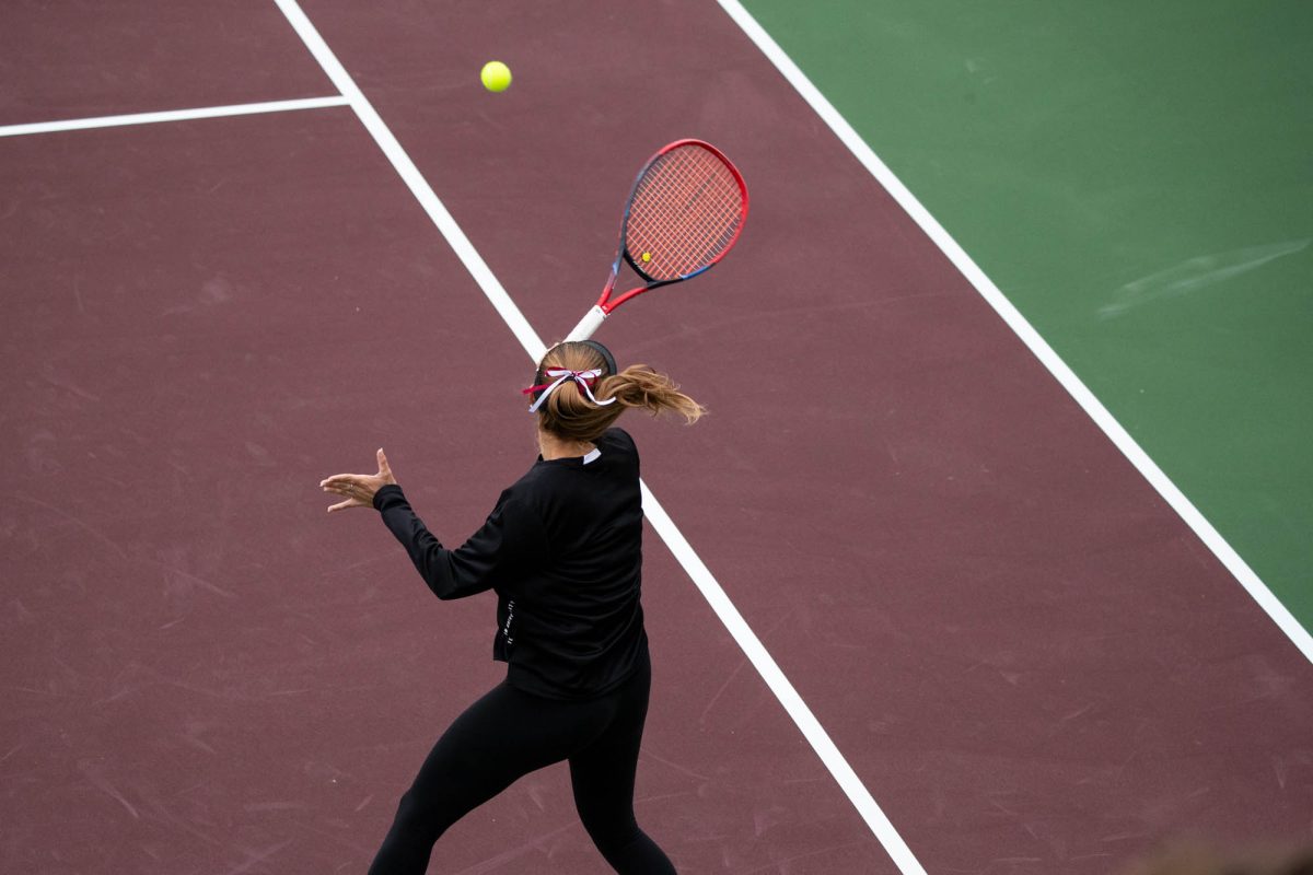 Freshman Lexington Reed hits a forehand during Texas A&amp;M’s match against TCU at Mitchell Tennis Center on Saturday, Jan. 25, 2025. (Rocio Salgado/The Battalion)