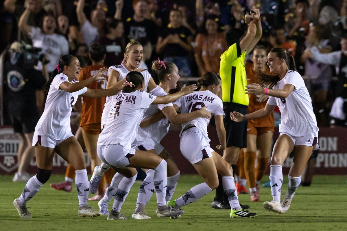The Aggies react after A&amp;M midfielder Trinity Buchanan (16) scores a goal during Texas A&amp;M’s soccer game against Texas at Ellis Field on Thursday, Oct. 2, 2025. (Rocio Salgado/The Battalion)